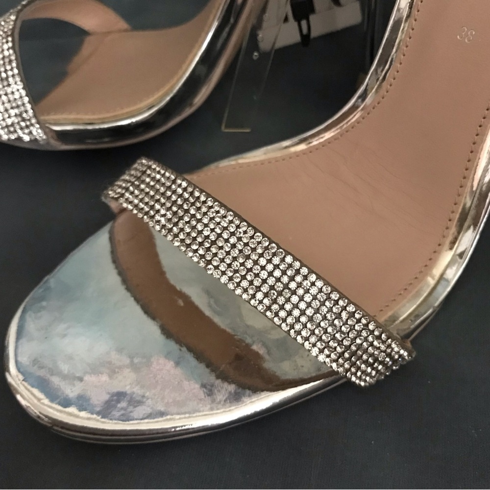 Zara Metallic Silver and Crystal Heeled Sandals - Picture 5 of 12